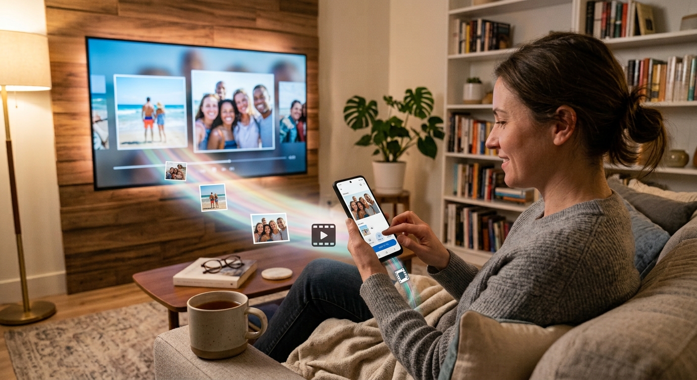 A woman on her couch casting photos and videos from her phone to a TV, shown as a light trail connecting the phone to the screen.