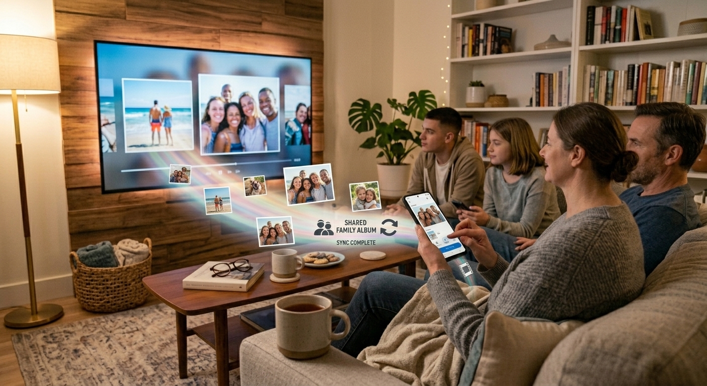 A family in their living room, gathered around a TV displaying shared photos streamed from a phone, with a 'Shared Family Album, Sync Complete' overlay.