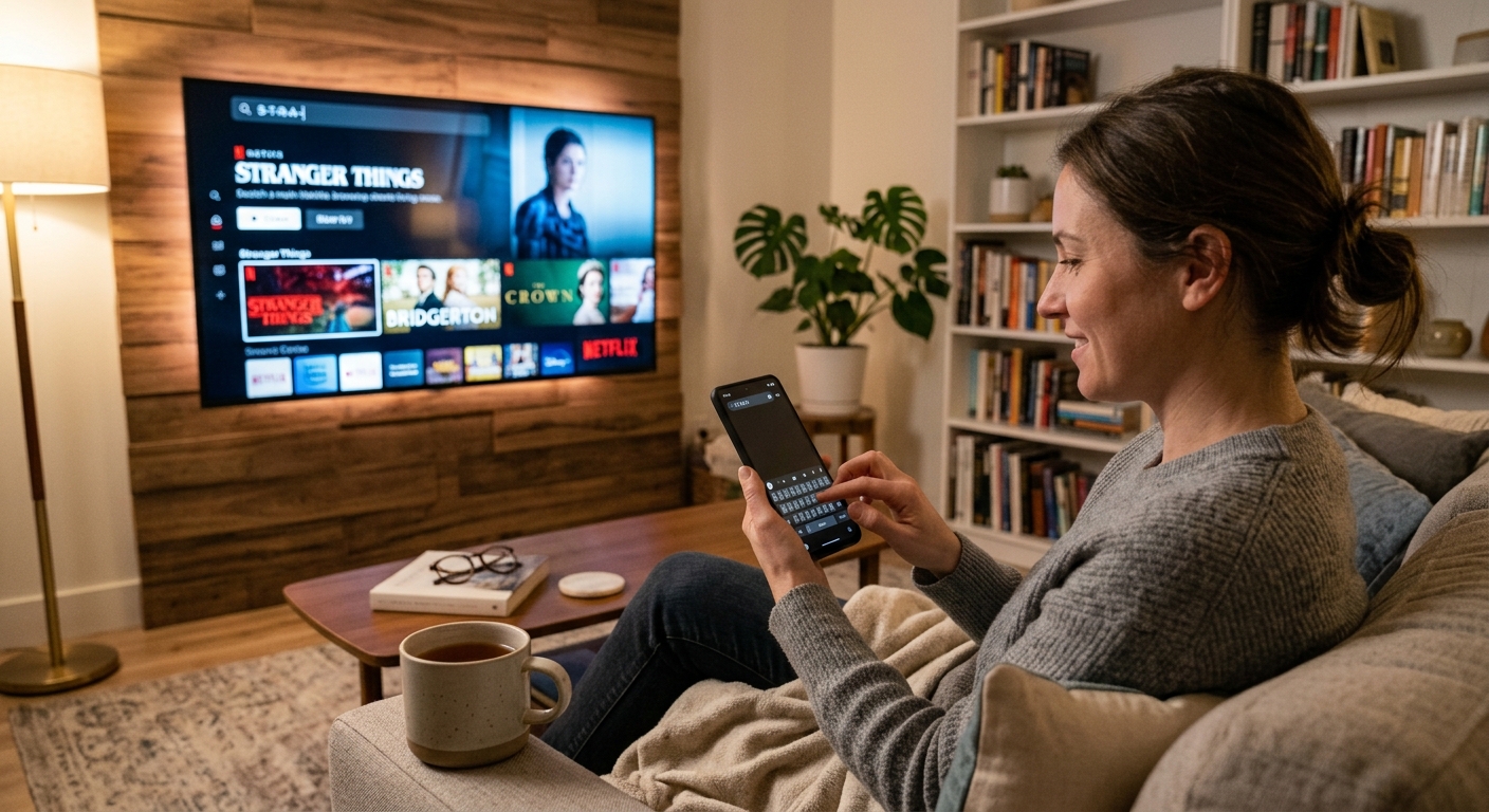 A woman typing on her phone's keyboard while a TV in the background shows a search field being filled in.